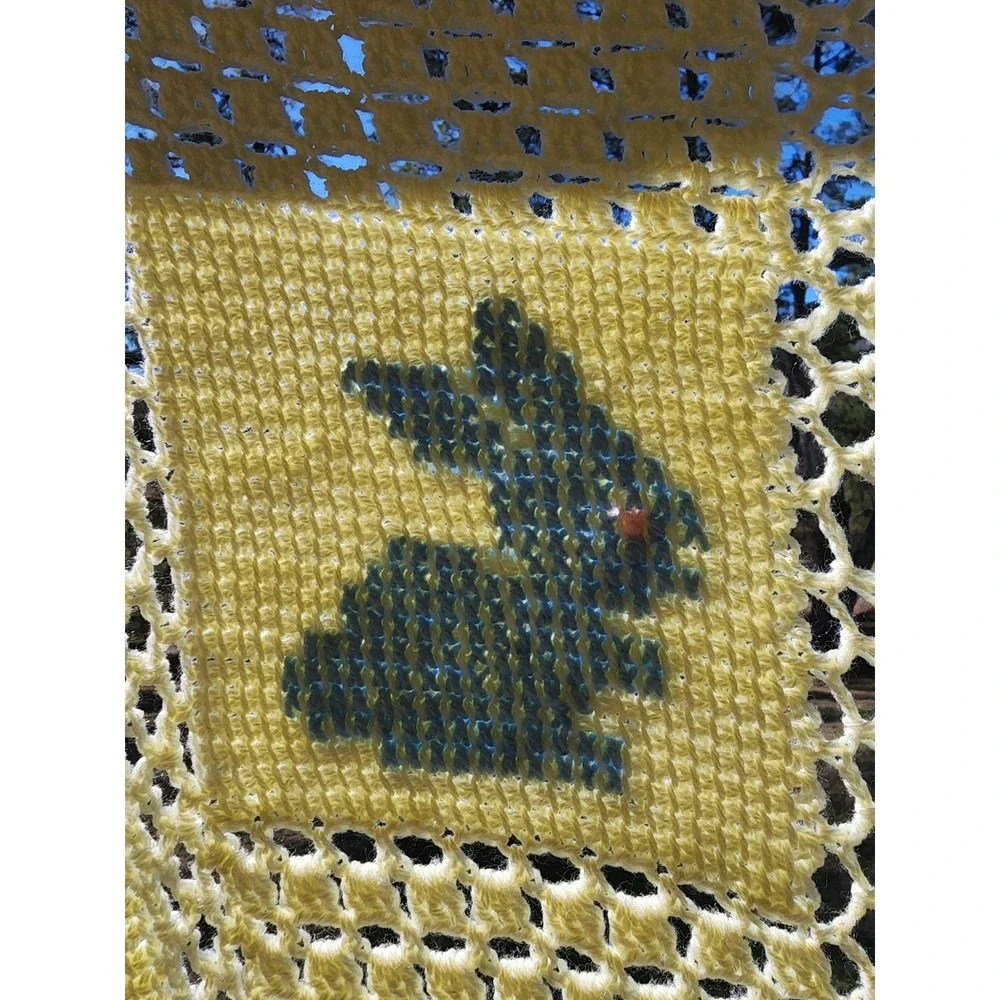 Vintage Handmade Crochet Baby Blanket Yellow Animal Cross Stitch Afghan Nursery